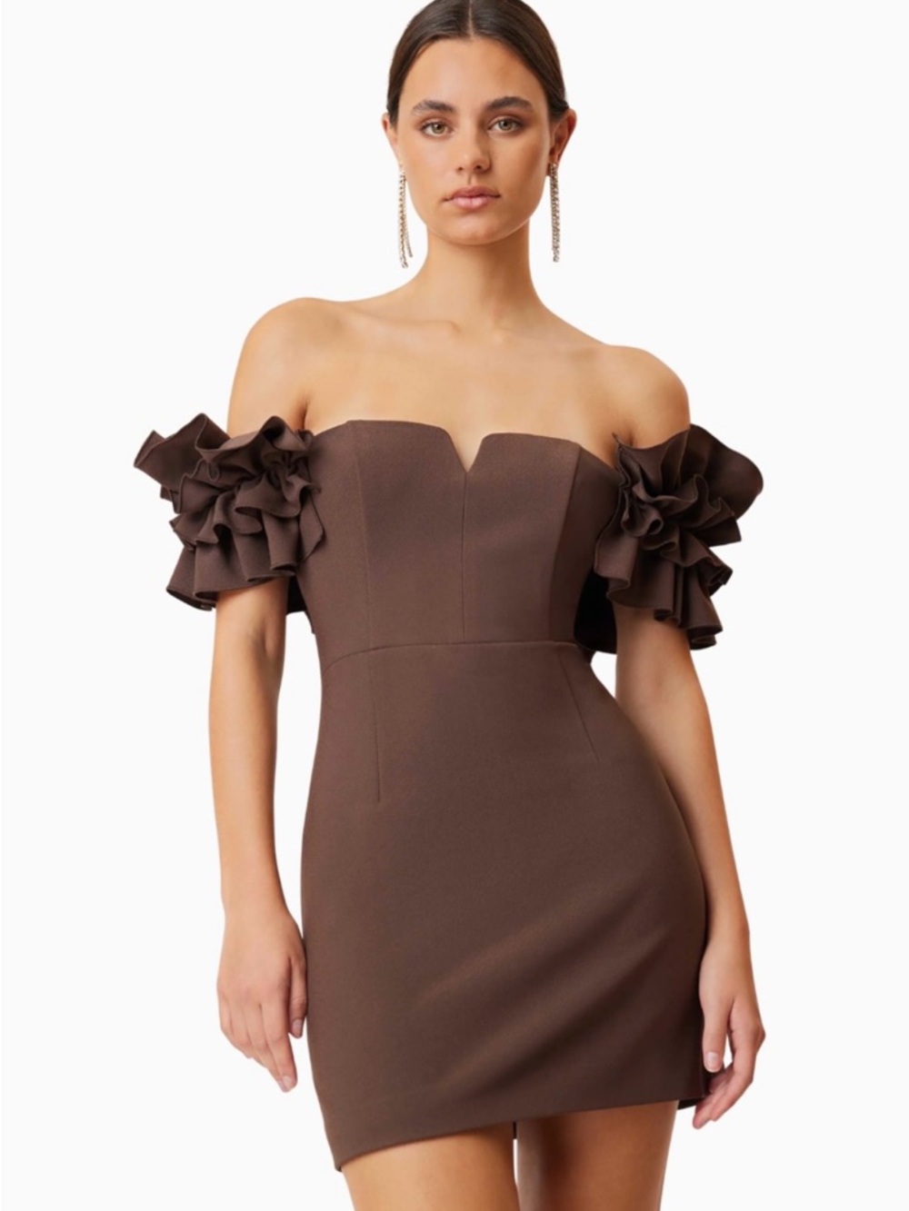 Elliatt Off-Shoulder Ruffle Off the Sleeve Mini Dress in Chocolate Brown